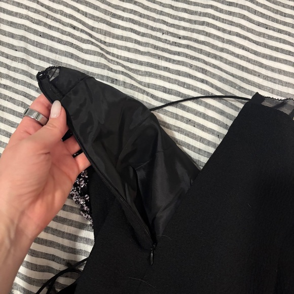 Vintage silk dress with real feather trim and silver sequins black mini midi - Picture 8 of 16